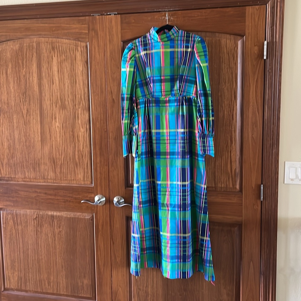 Vintage Plaid 1970’s Mod High Collar Puff Sleeve Long Dress Size Small